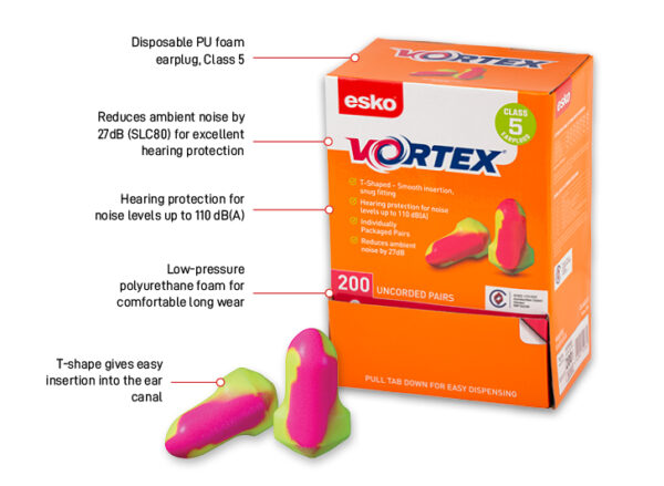 Esko Vortex Earplugs T-Shaped C5, Uncorded, 200 Pairs P/Box - Image 2