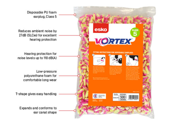 Esko Vortex Earplugs T-Shaped, C5, Uncorded, 500 Pairs Refill Bag - Image 2